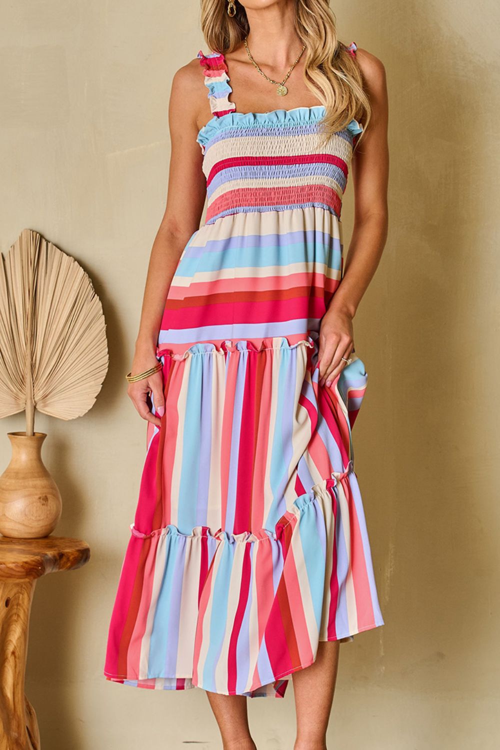 Contrast Stripe Wide Strap Smocked Tiered Dress with Frill.