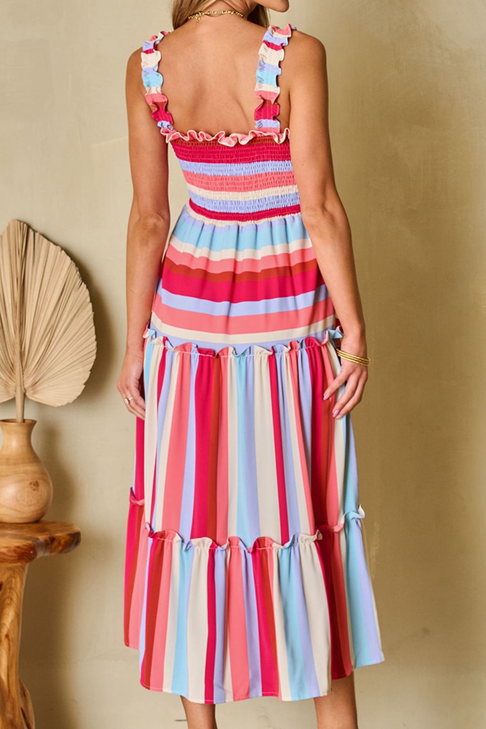 Contrast Stripe Wide Strap Smocked Tiered Dress with Frill.