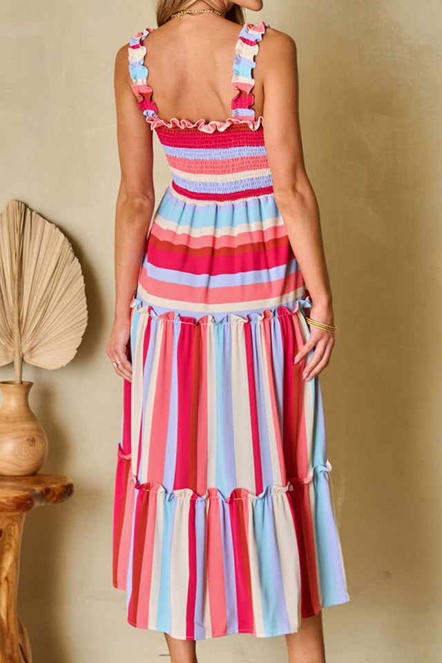 Contrast Stripe Wide Strap Smocked Tiered Dress with Frill.