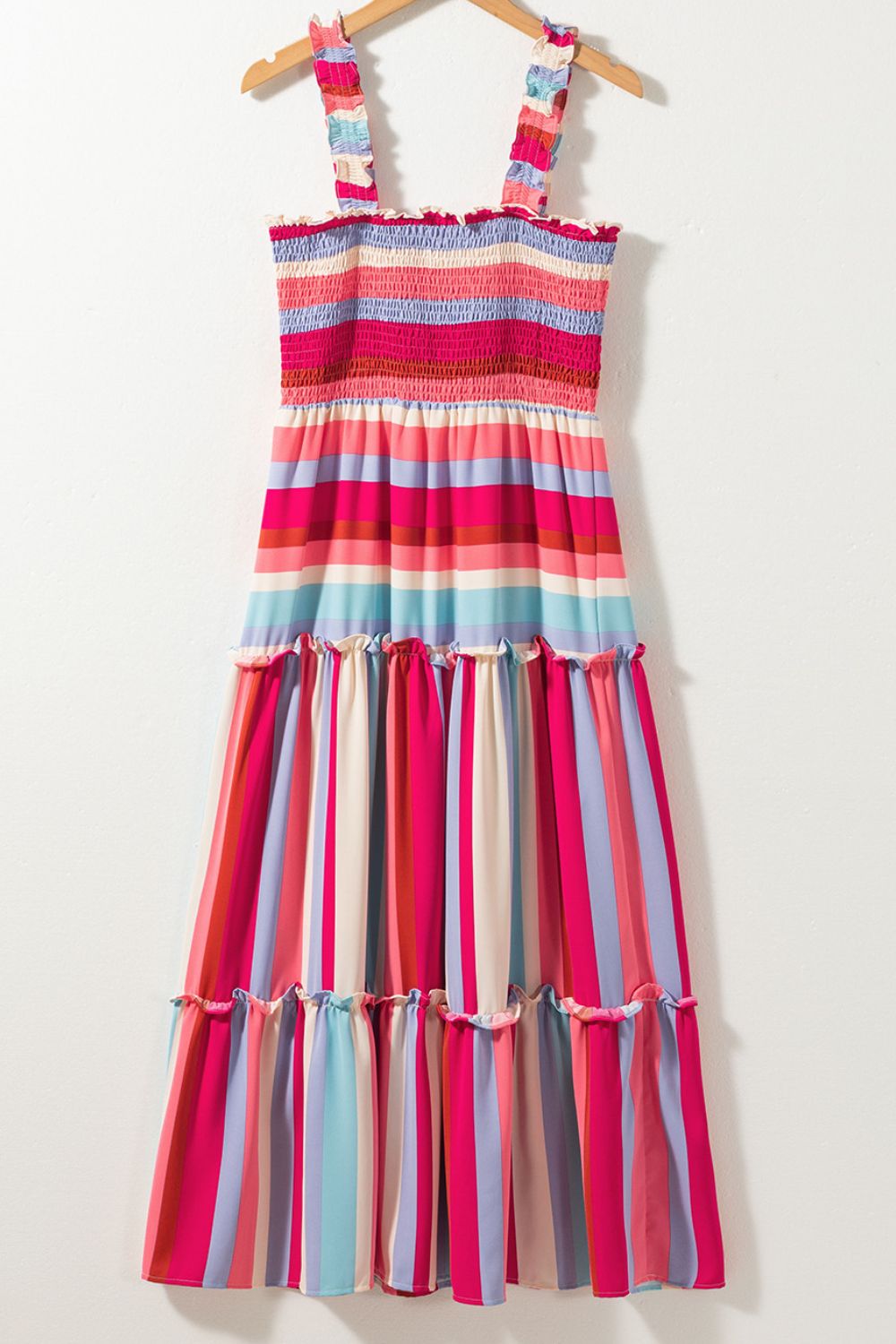 Contrast Stripe Wide Strap Smocked Tiered Dress with Frill.