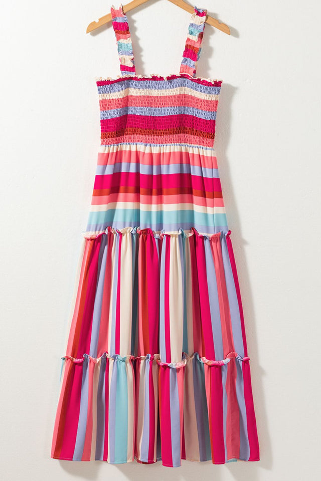 Contrast Stripe Wide Strap Smocked Tiered Dress with Frill.