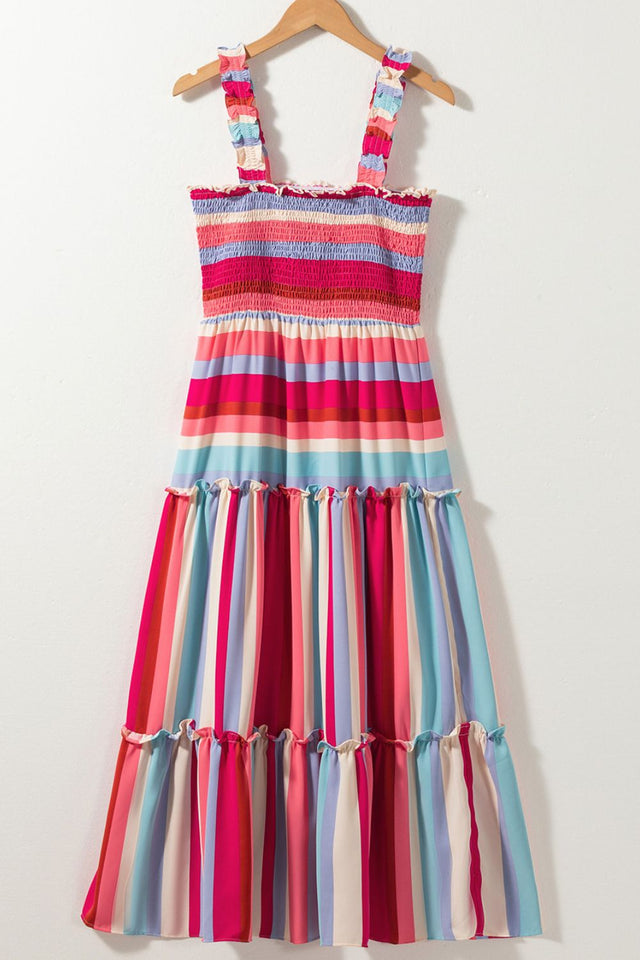 Contrast Stripe Wide Strap Smocked Tiered Dress with Frill.