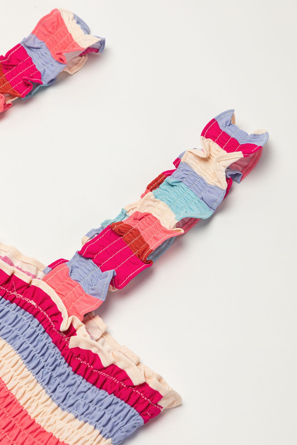 Contrast Stripe Wide Strap Smocked Tiered Dress with Frill.