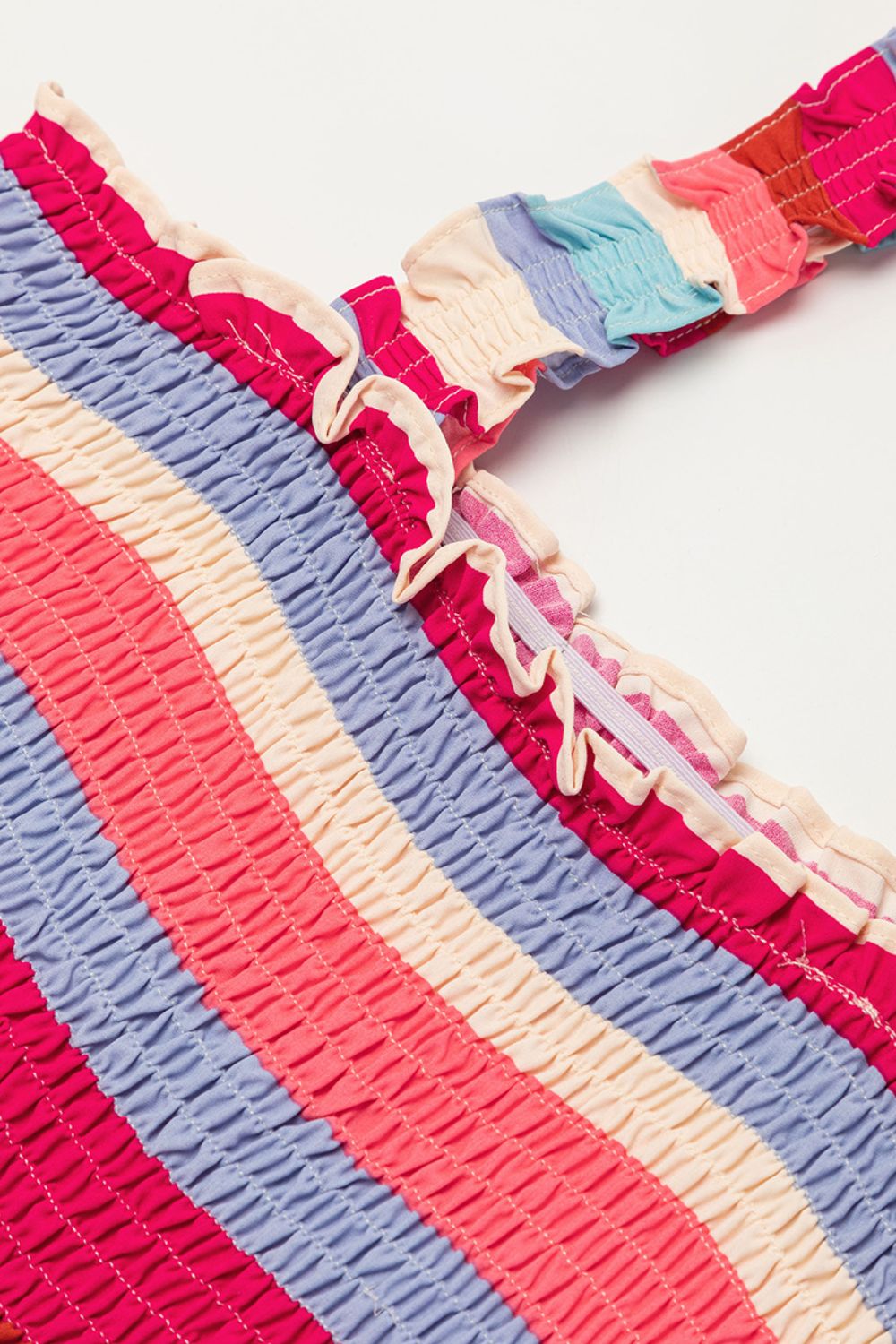 Contrast Stripe Wide Strap Smocked Tiered Dress with Frill.