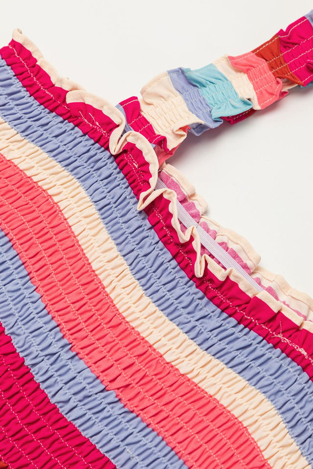 Contrast Stripe Wide Strap Smocked Tiered Dress with Frill.