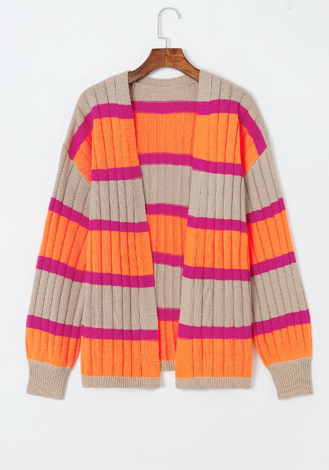 Contrast striped drop shoulder open front cardigan.