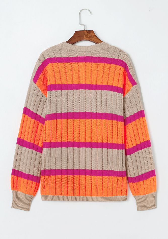 Contrast striped drop shoulder open front cardigan.