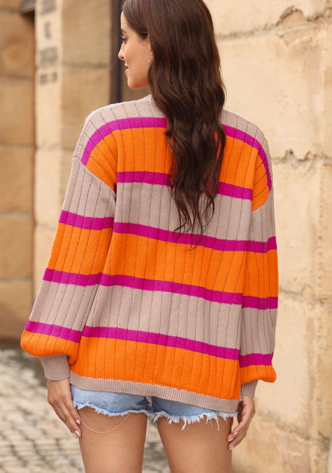 Contrast striped drop shoulder open front cardigan.