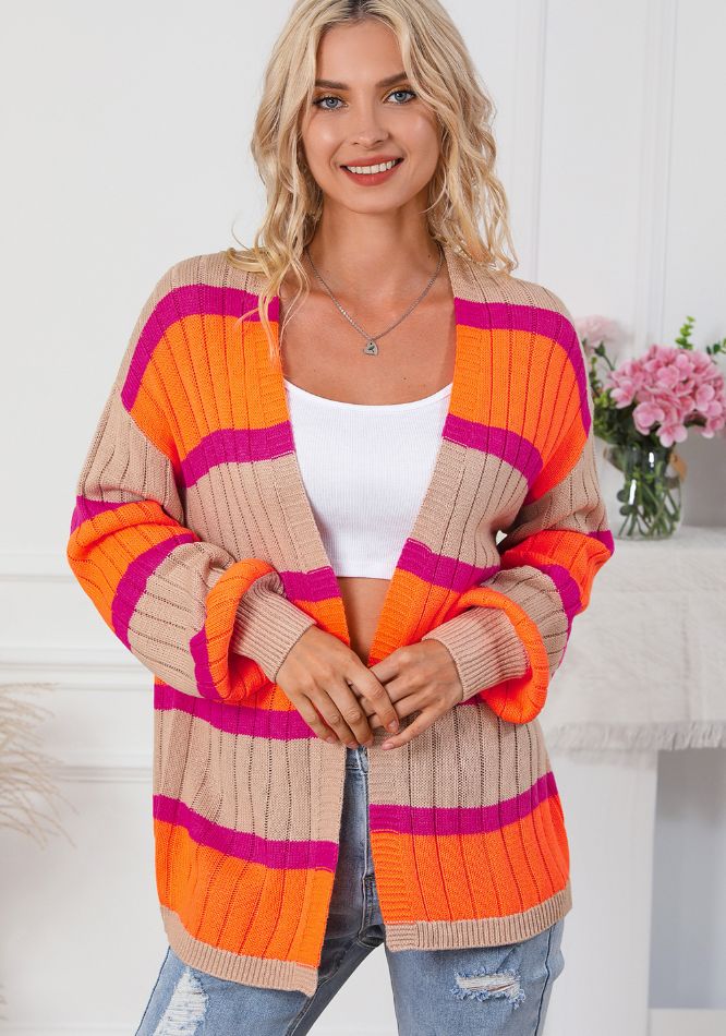 Contrast striped drop shoulder open front cardigan.