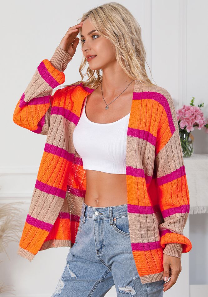 Contrast striped drop shoulder open front cardigan.