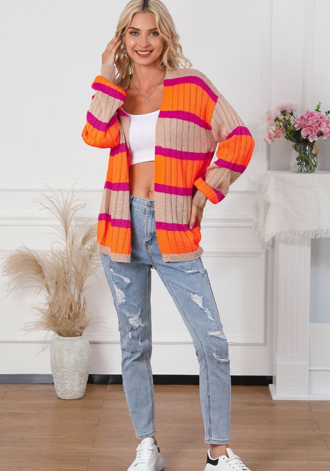 Contrast striped drop shoulder open front cardigan.