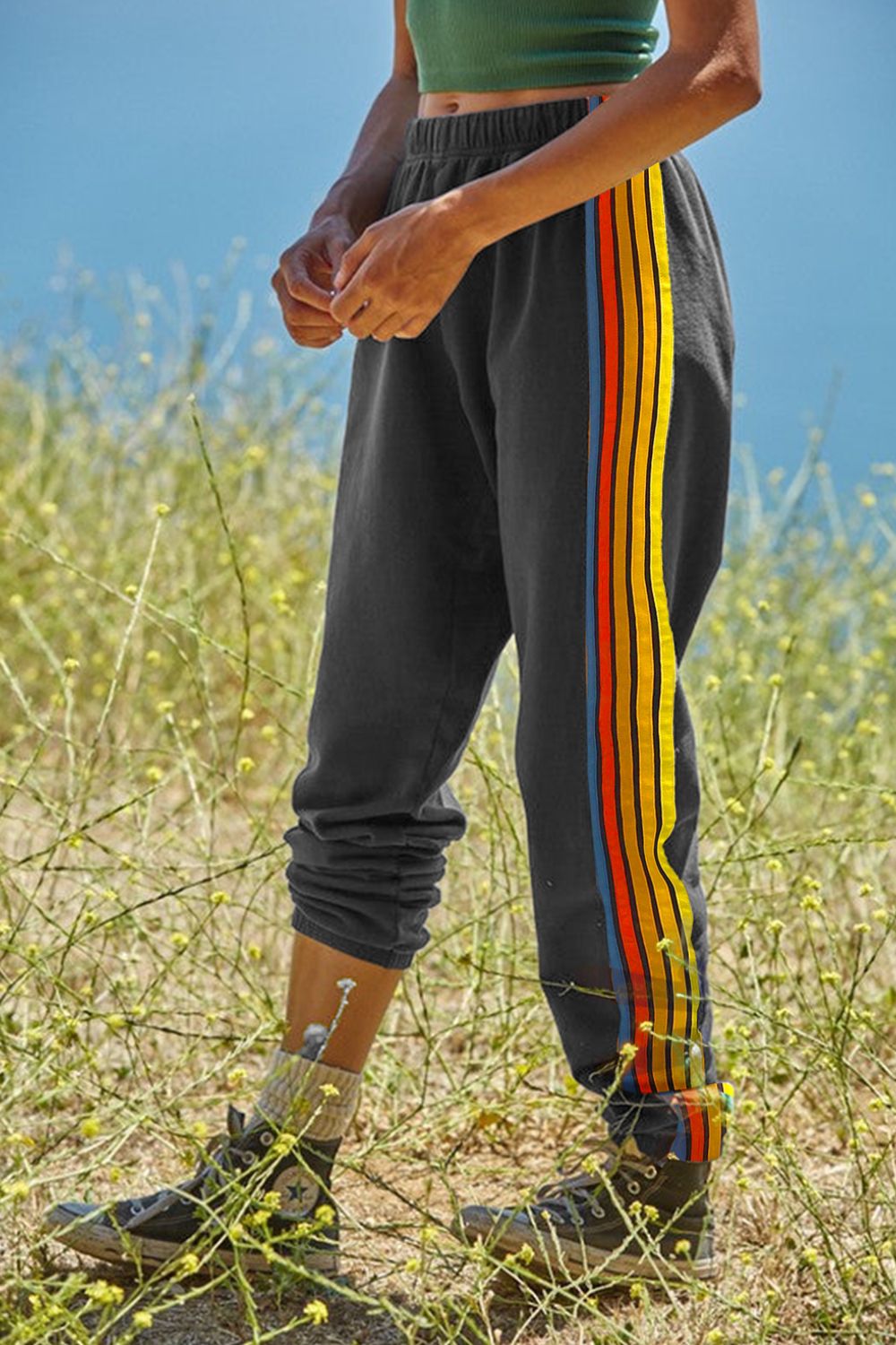 Contrast striped elastic waist active pants, slightly stretchy.