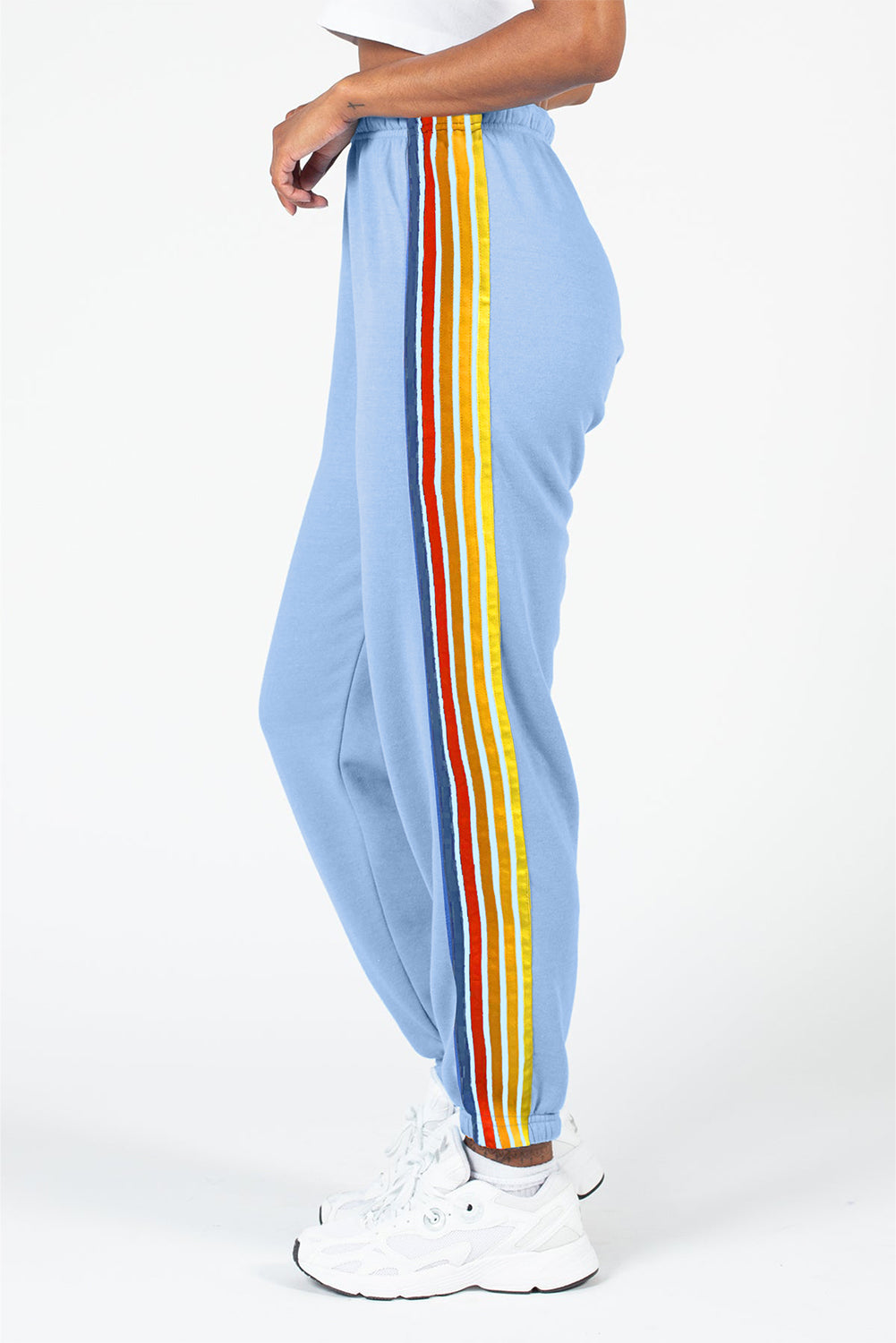 Contrast striped elastic waist active pants, slightly stretchy.