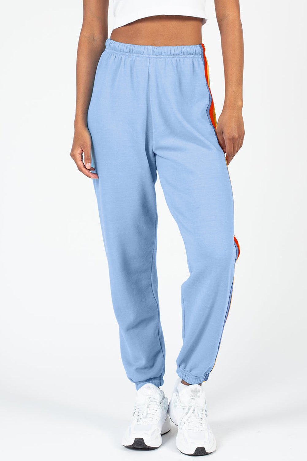 Contrast striped elastic waist active pants, slightly stretchy.