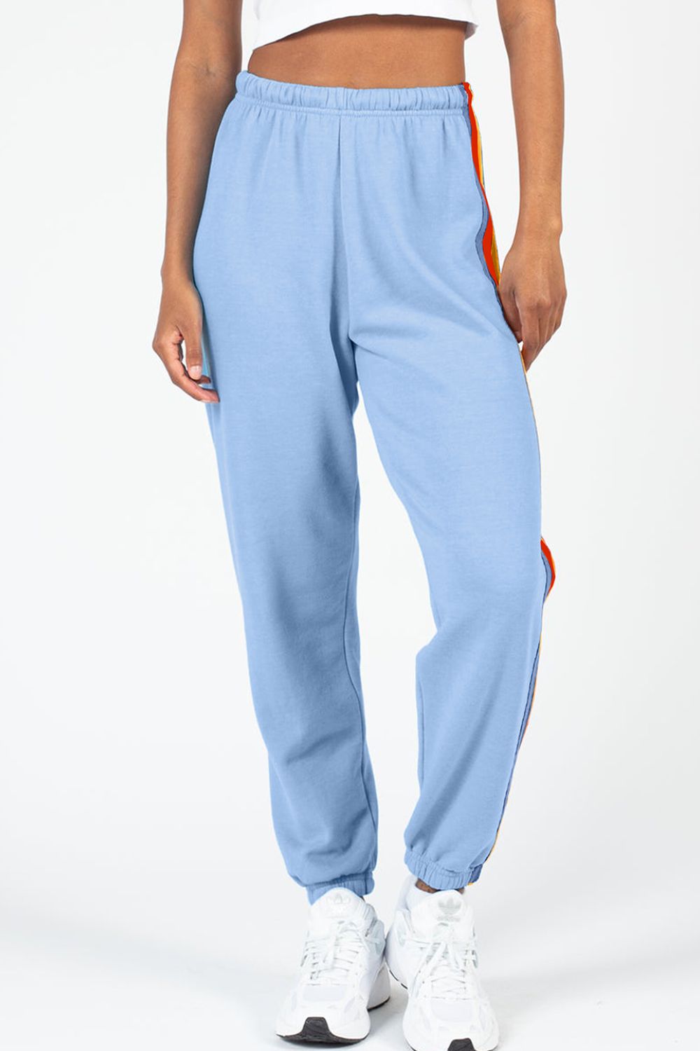 Contrast striped elastic waist active pants, slightly stretchy.