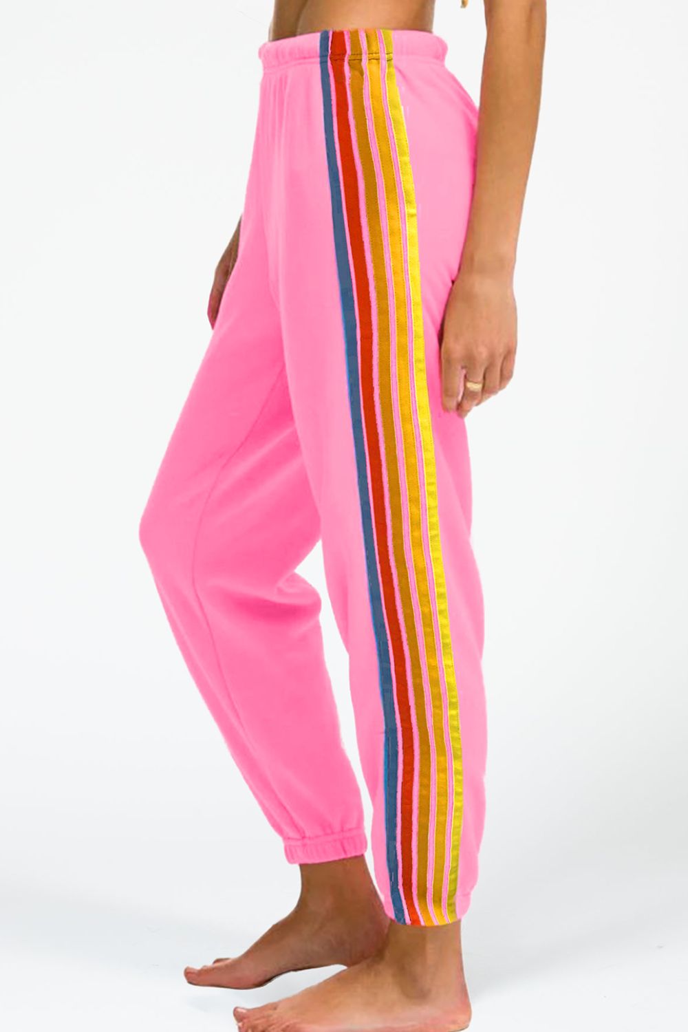 Contrast striped elastic waist active pants, slightly stretchy.
