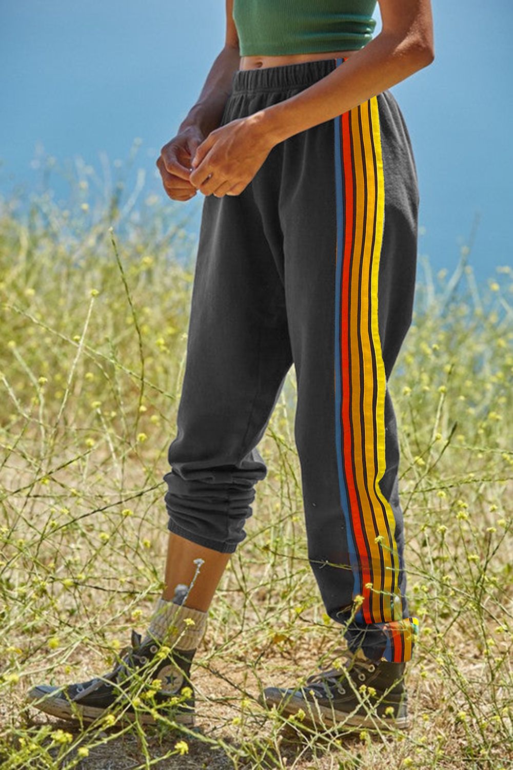 Contrast striped elastic waist active pants, slightly stretchy.