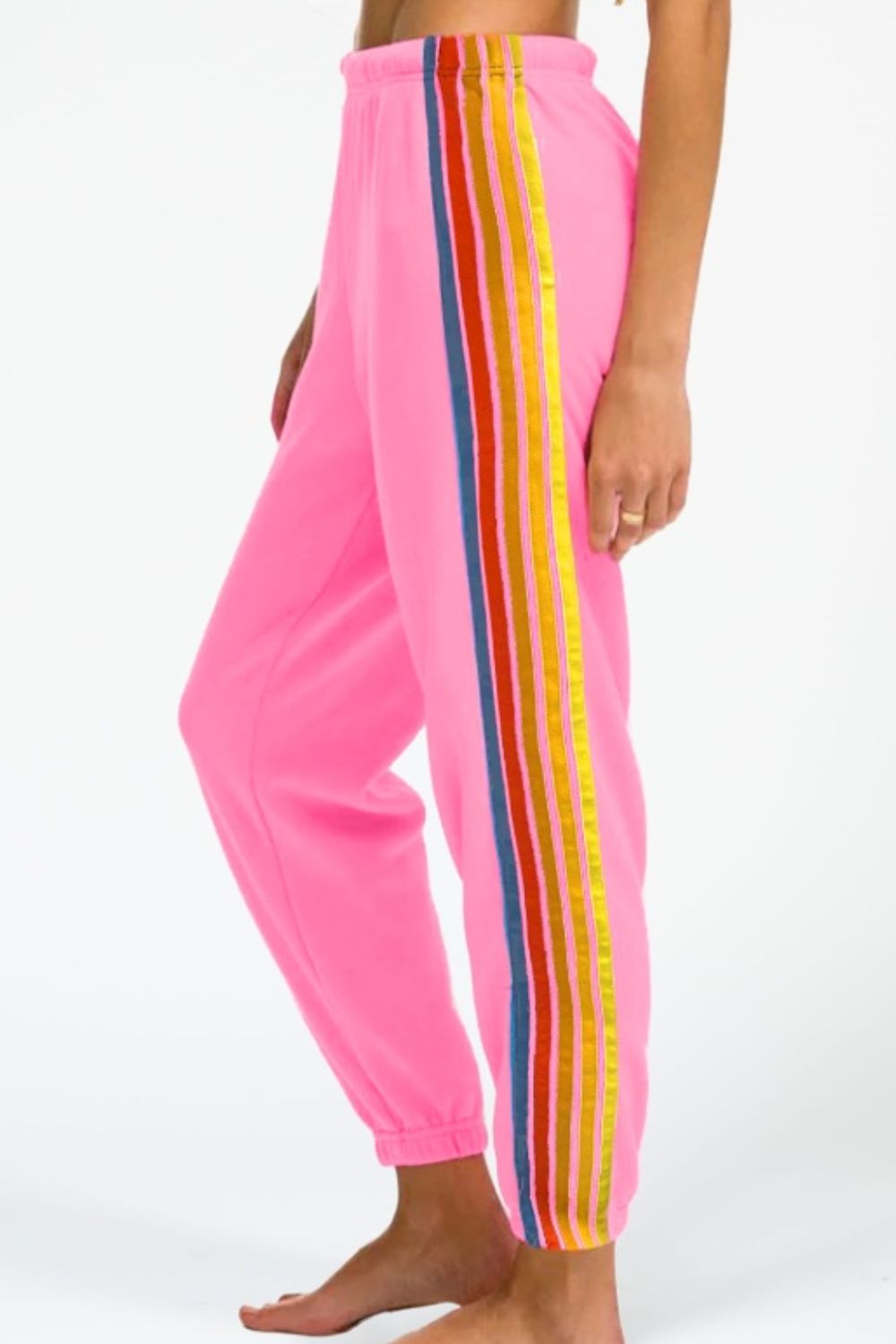 Contrast striped elastic waist active pants, slightly stretchy.