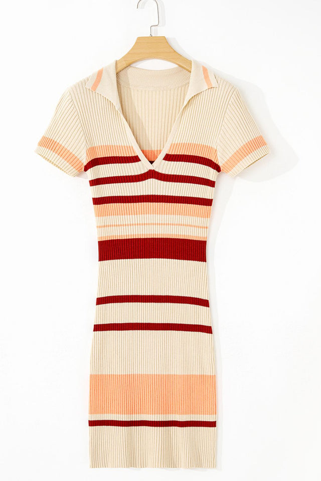 Contrast Striped Johnny Collar Short Sleeve Mini Dress.