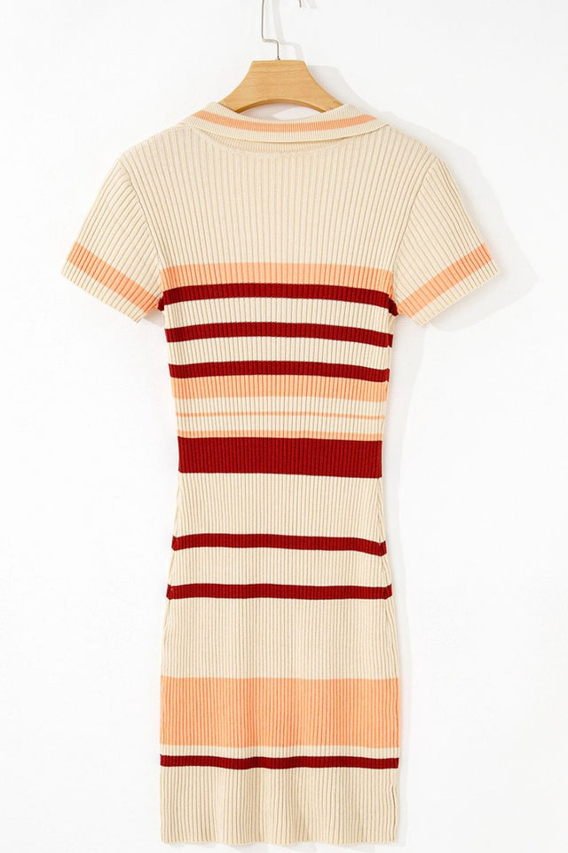 Contrast Striped Johnny Collar Short Sleeve Mini Dress.