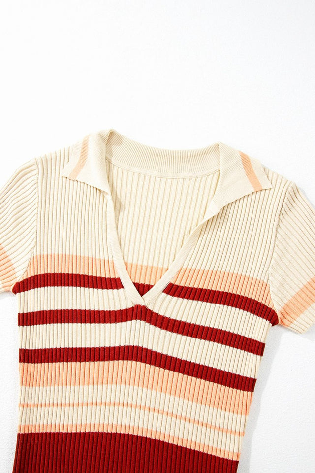 Contrast Striped Johnny Collar Short Sleeve Mini Dress.