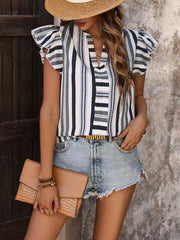 Contrast striped notched ruffled cap sleeve blouse.