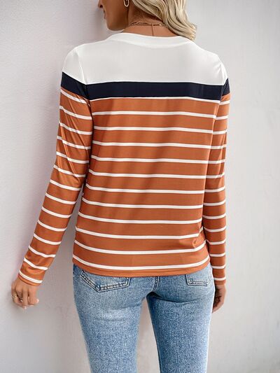 Contrast Striped Round Neck Long Sleeve T-Shirt