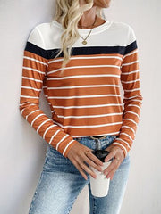 Contrast Striped Round Neck Long Sleeve T-Shirt