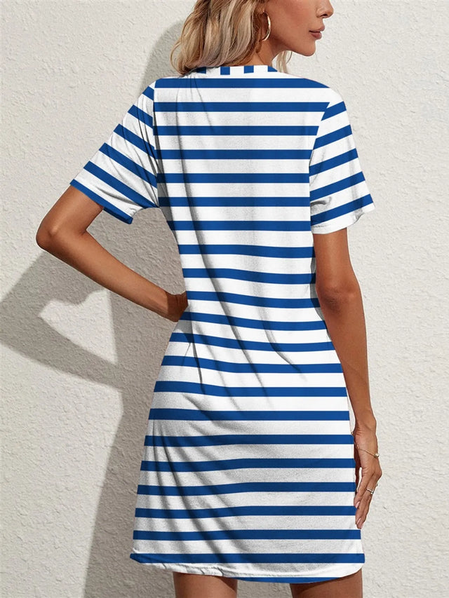 Contrast Striped Round Neck Short Sleeve Dress with Pockets.