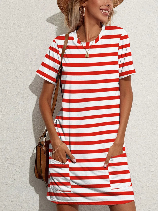 Contrast Striped Round Neck Short Sleeve Dress with Pockets.