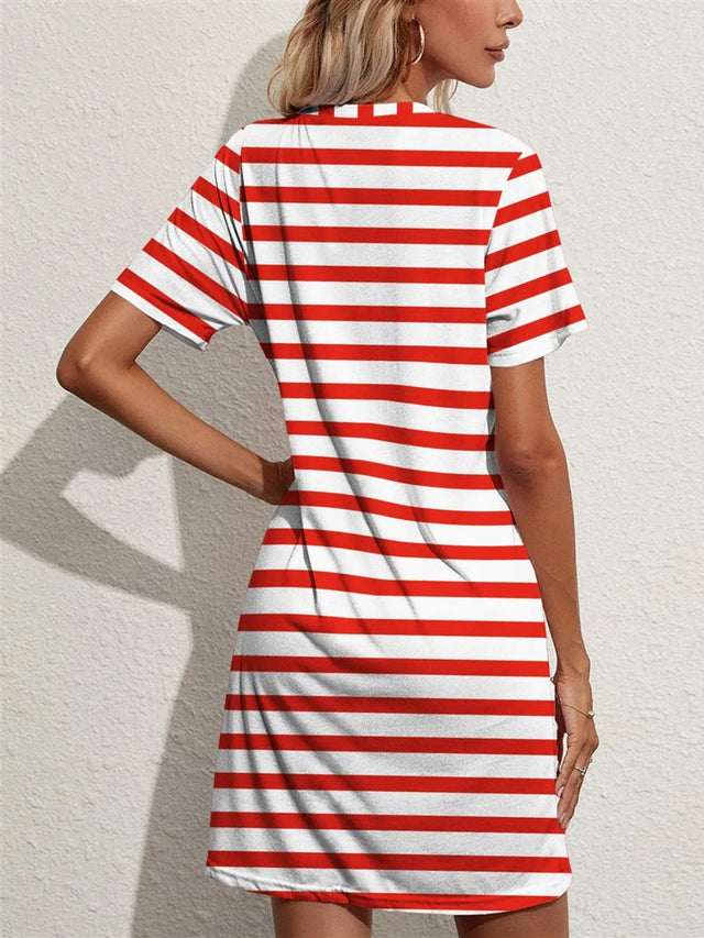 Contrast Striped Round Neck Short Sleeve Dress with Pockets.