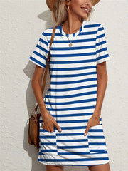 Contrast Striped Round Neck Short Sleeve Dress with Pockets.