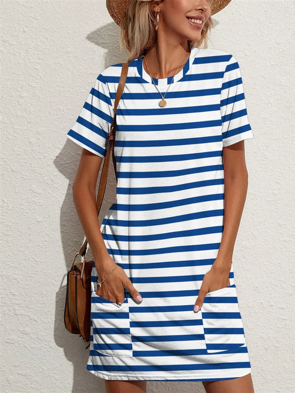 Contrast Striped Round Neck Short Sleeve Dress with Pockets.