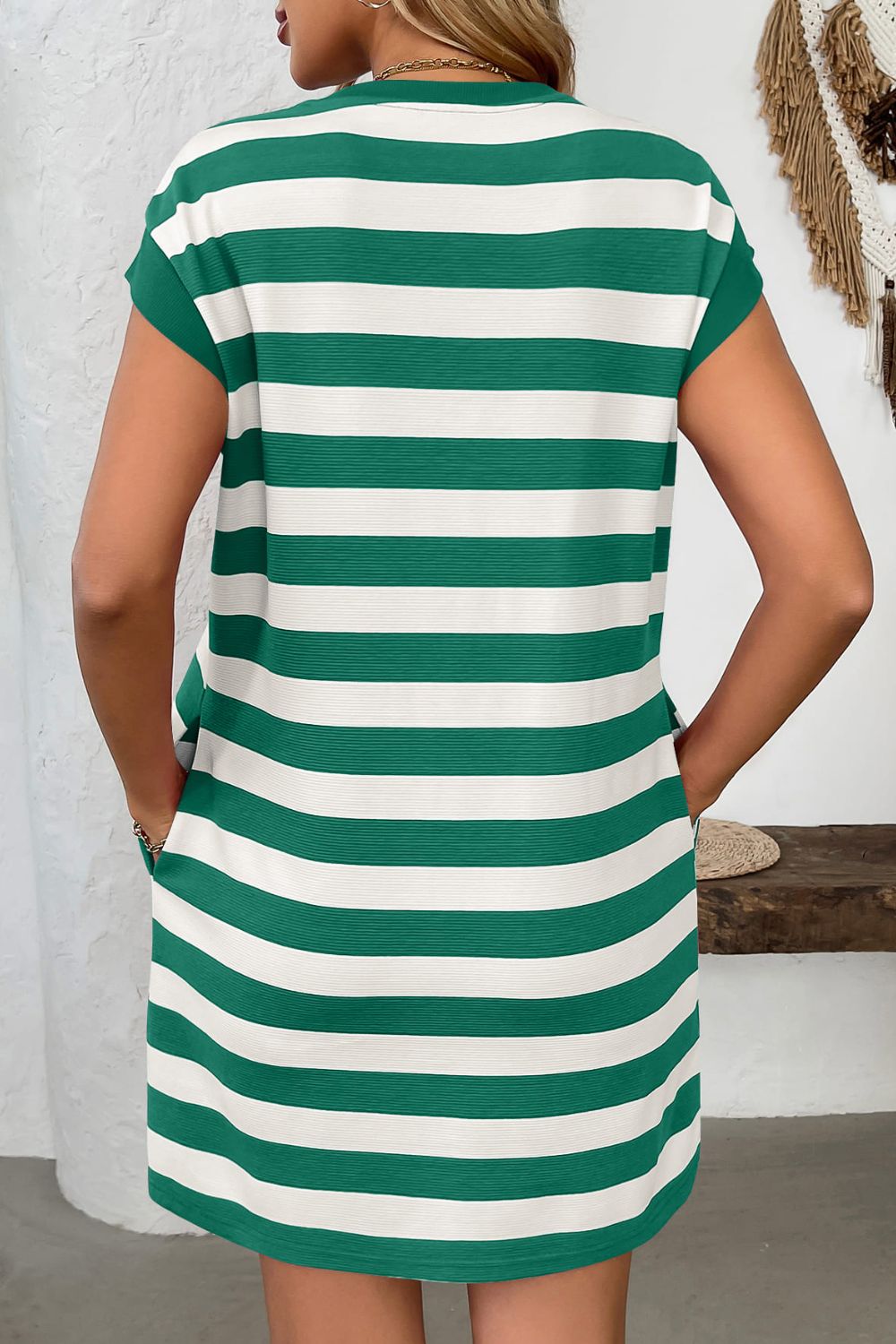 Contrast Striped Round Neck Short Sleeve Mini Dress.