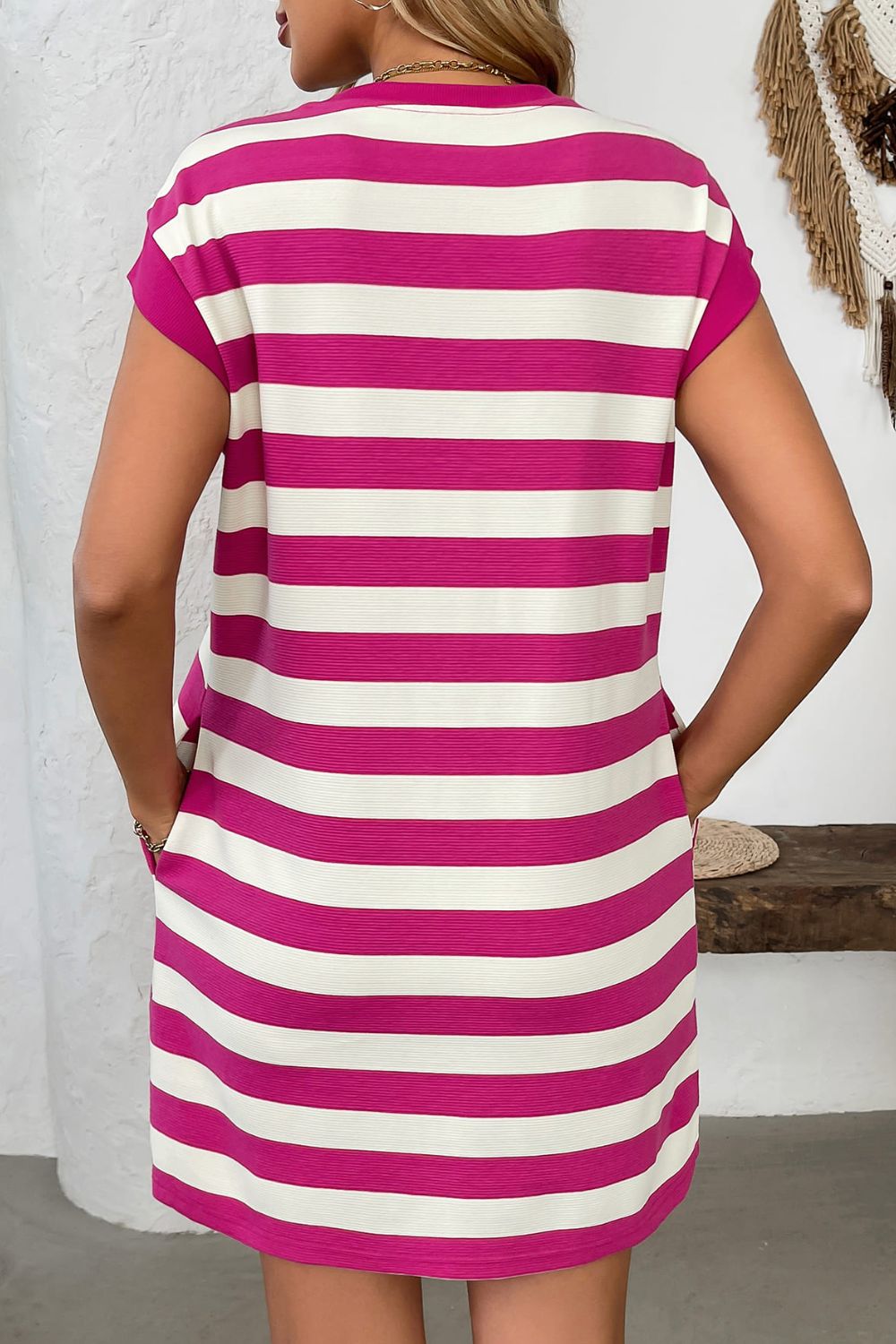 Contrast Striped Round Neck Short Sleeve Mini Dress.