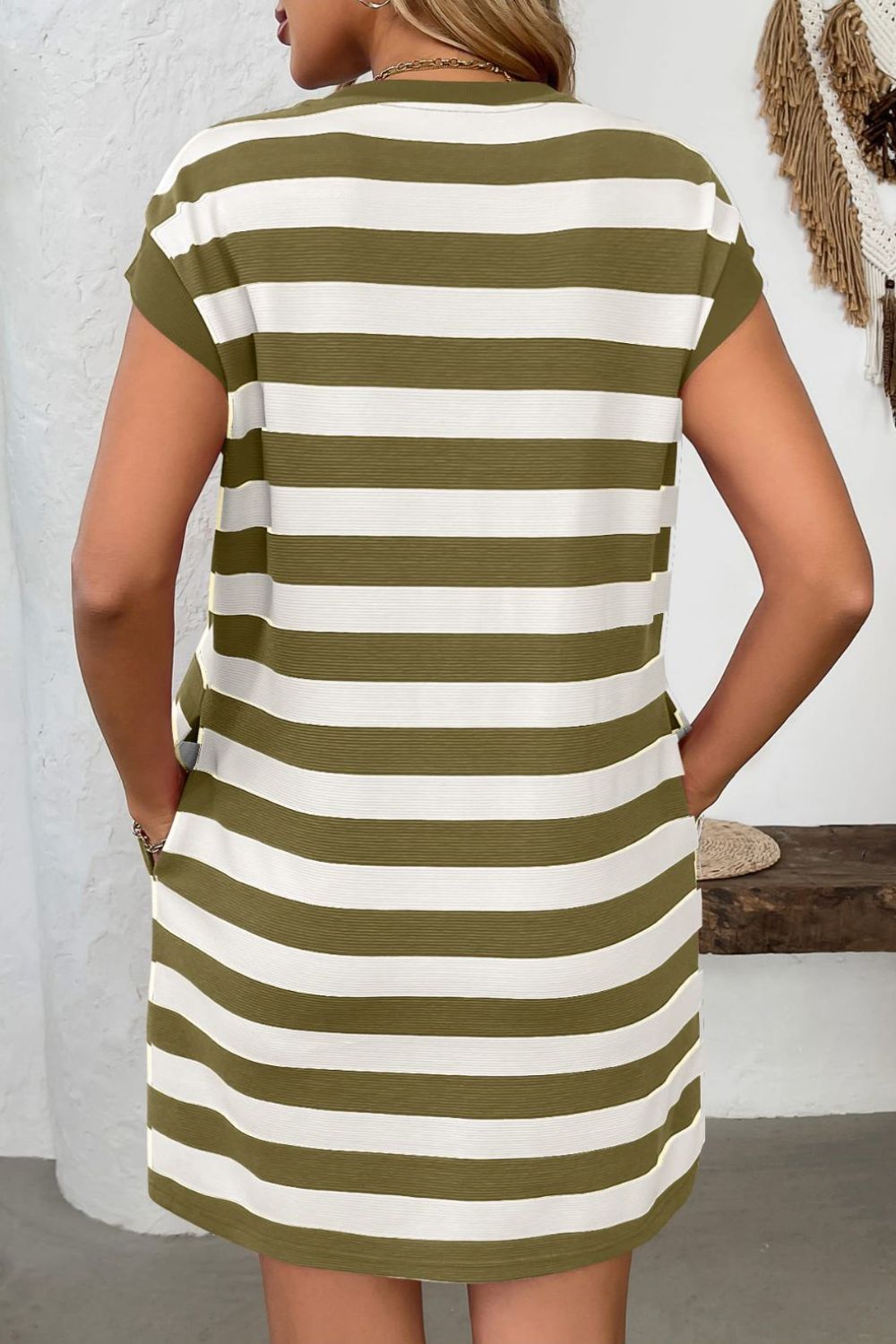 Contrast Striped Round Neck Short Sleeve Mini Dress.