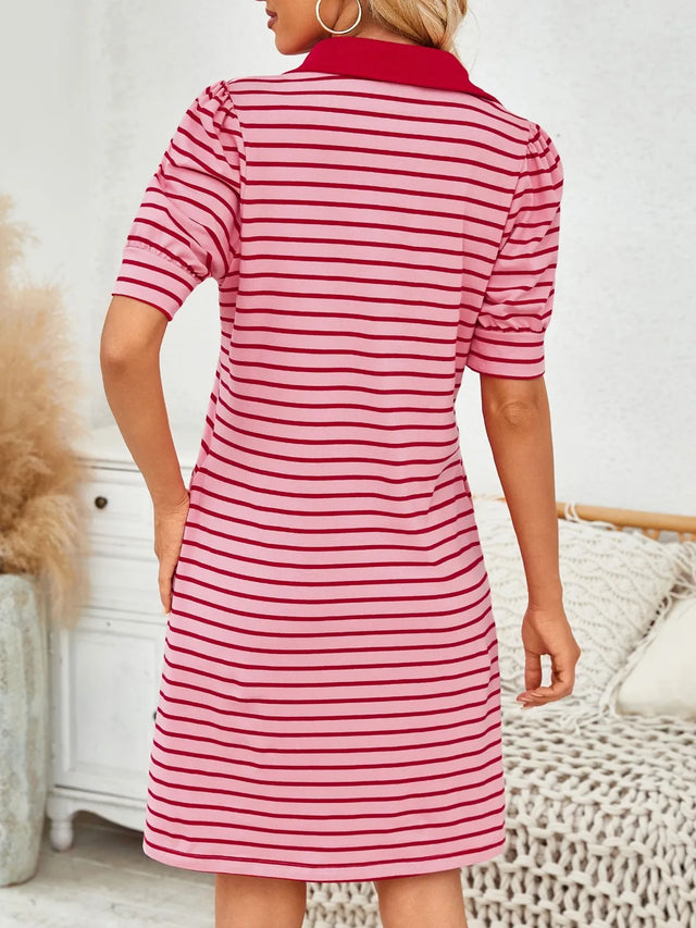 Contrast Striped Short Sleeve Mini Dress with Pockets.