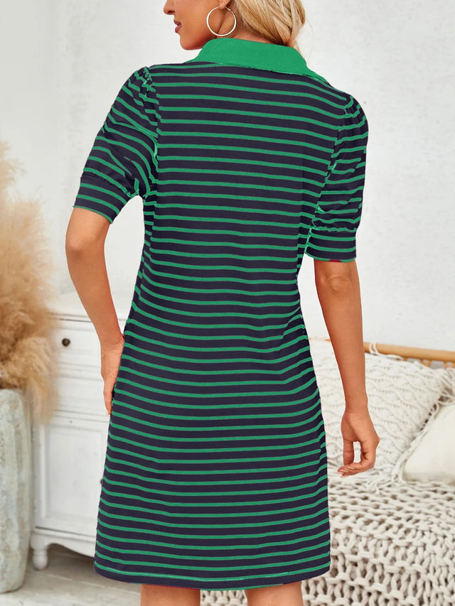 Contrast Striped Short Sleeve Mini Dress with Pockets.