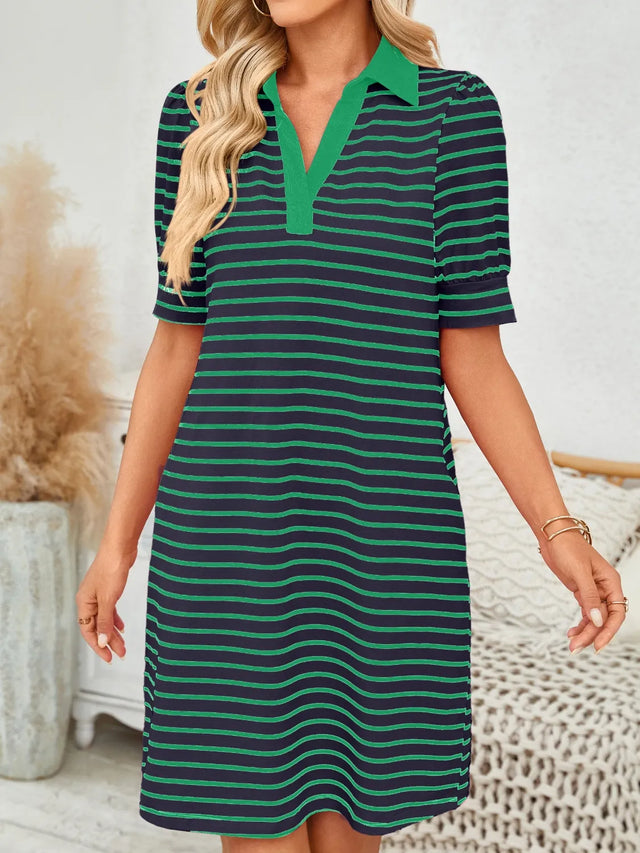 Contrast Striped Short Sleeve Mini Dress with Pockets.