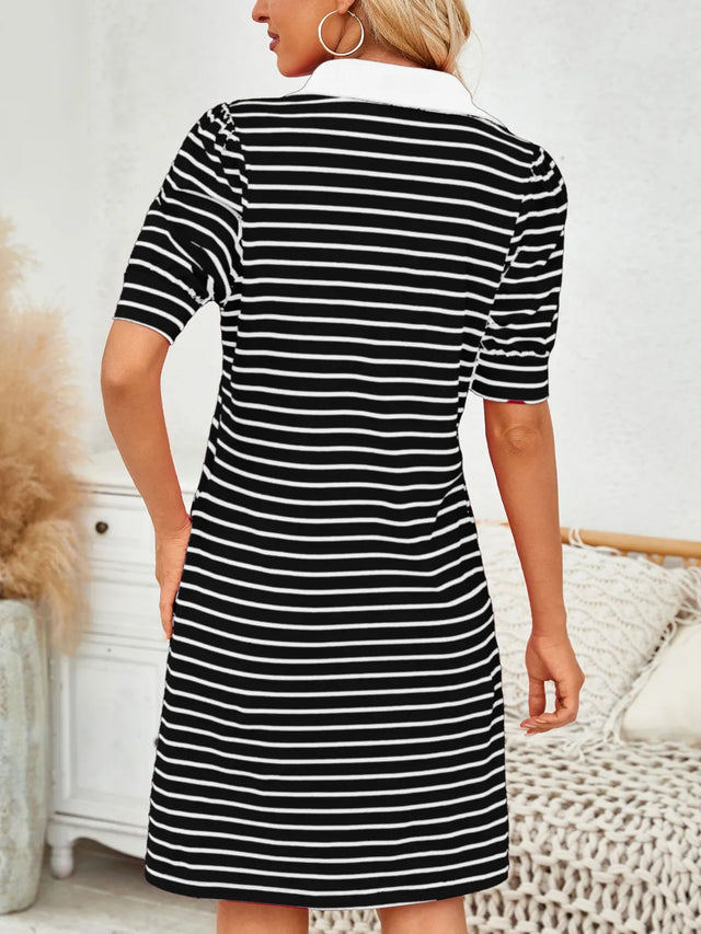Contrast Striped Short Sleeve Mini Dress with Pockets.