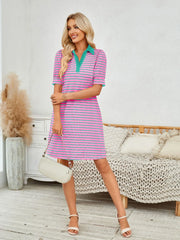 Contrast Striped Short Sleeve Mini Dress with Pockets.