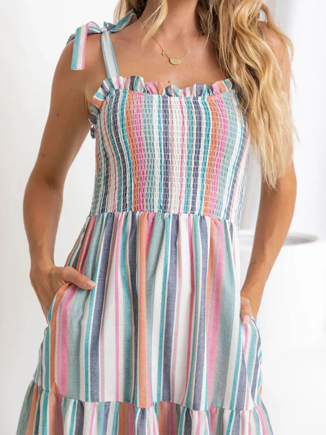 Contrast Striped Square Neck Cami Dress with Tied, Ruched, Smocked, Frill, and Pocketed Details.