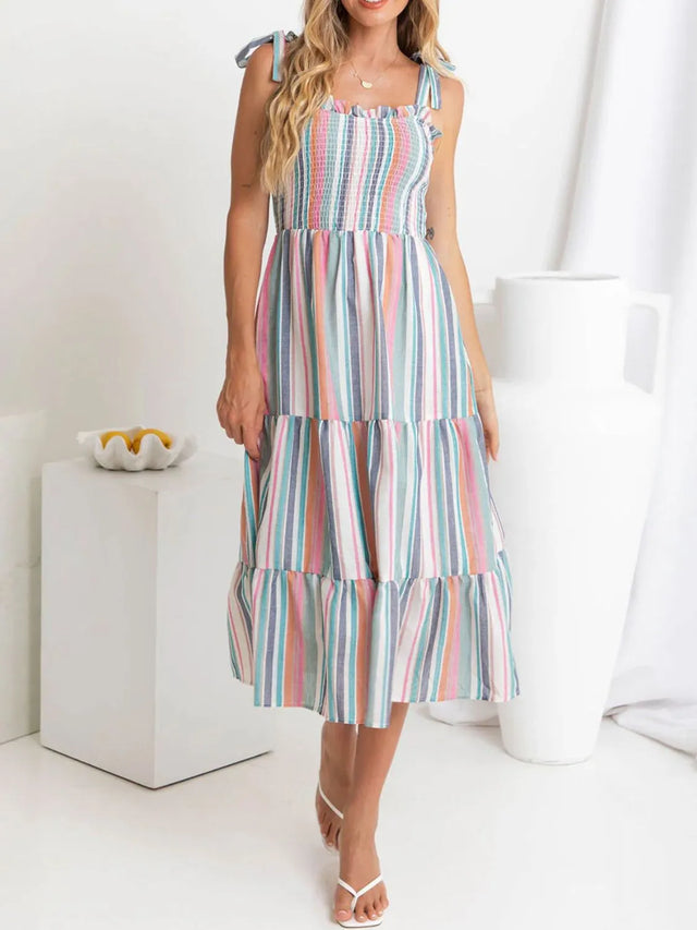 Contrast Striped Square Neck Cami Dress with Tied, Ruched, Smocked, Frill, and Pocketed Details.