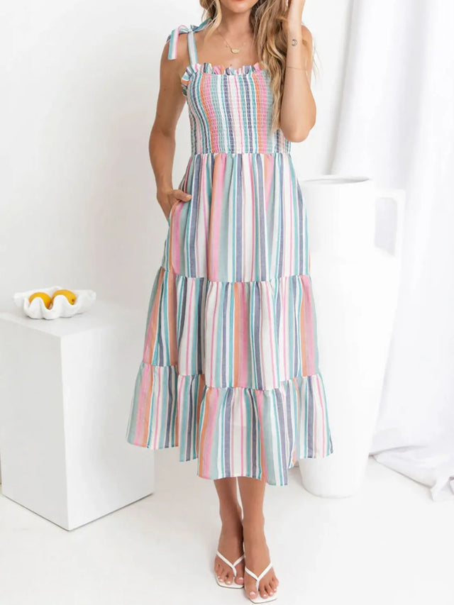 Contrast Striped Square Neck Cami Dress with Tied, Ruched, Smocked, Frill, and Pocketed Details.