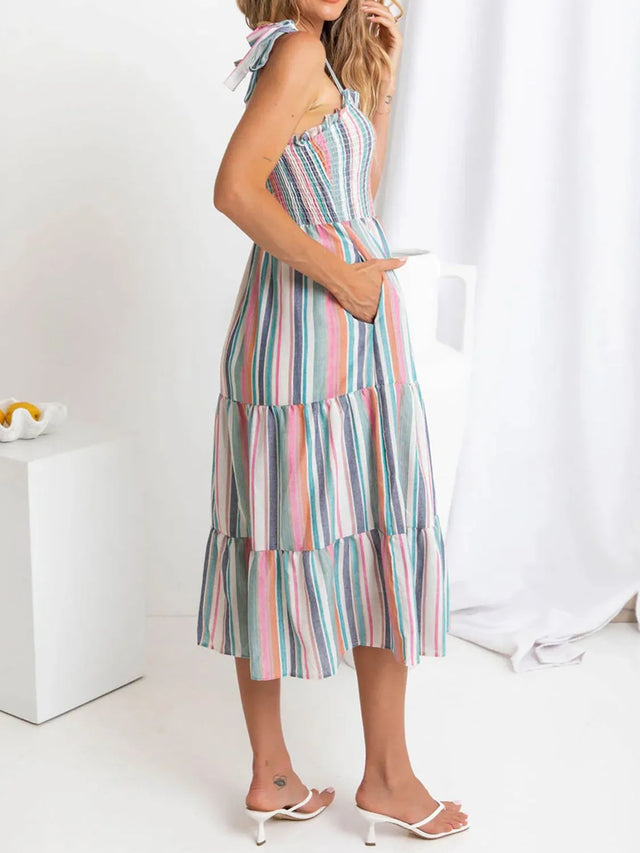 Contrast Striped Square Neck Cami Dress with Tied, Ruched, Smocked, Frill, and Pocketed Details.