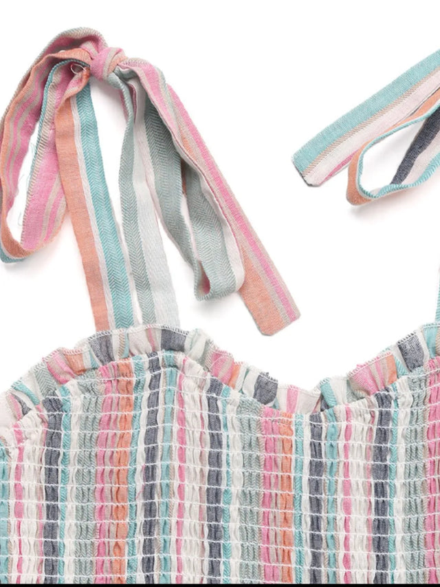 Contrast Striped Square Neck Cami Dress with Tied, Ruched, Smocked, Frill, and Pocketed Details.