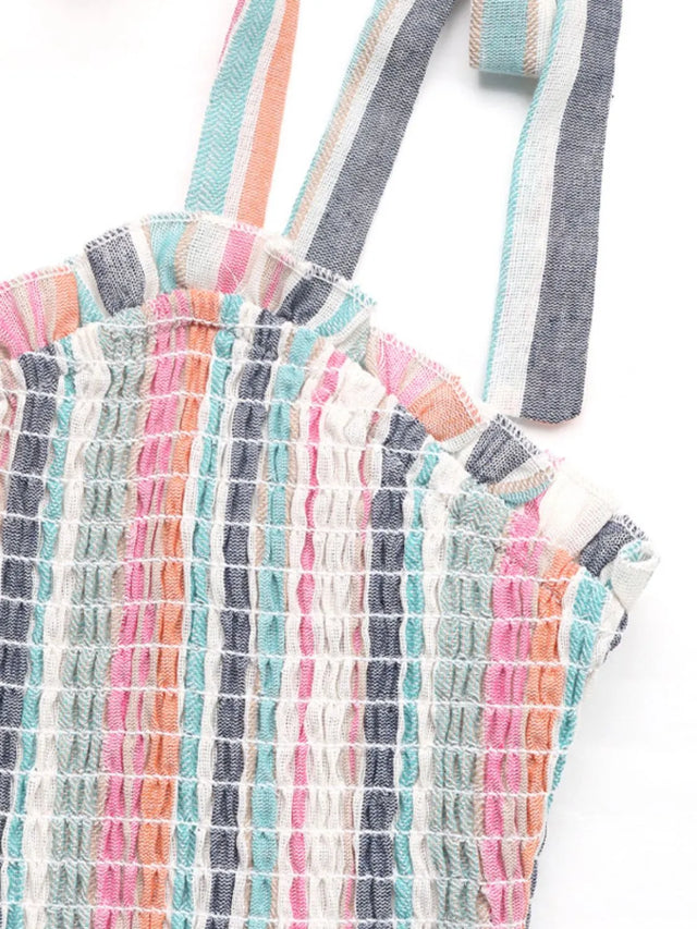 Contrast Striped Square Neck Cami Dress with Tied, Ruched, Smocked, Frill, and Pocketed Details.