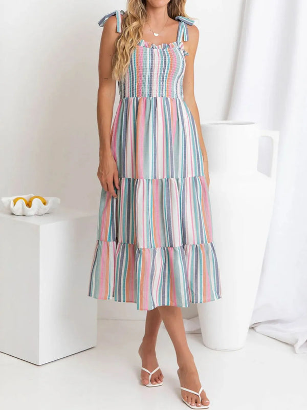 Contrast Striped Square Neck Cami Dress with Tied, Ruched, Smocked, Frill, and Pocketed Details.