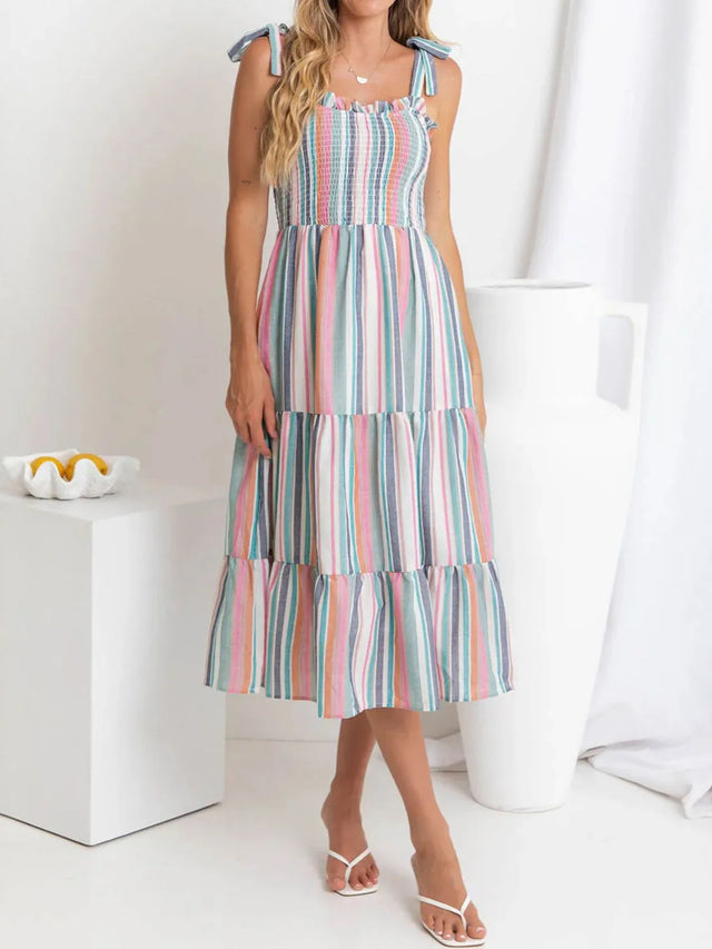 Contrast Striped Square Neck Cami Dress with Tied, Ruched, Smocked, Frill, and Pocketed Details.
