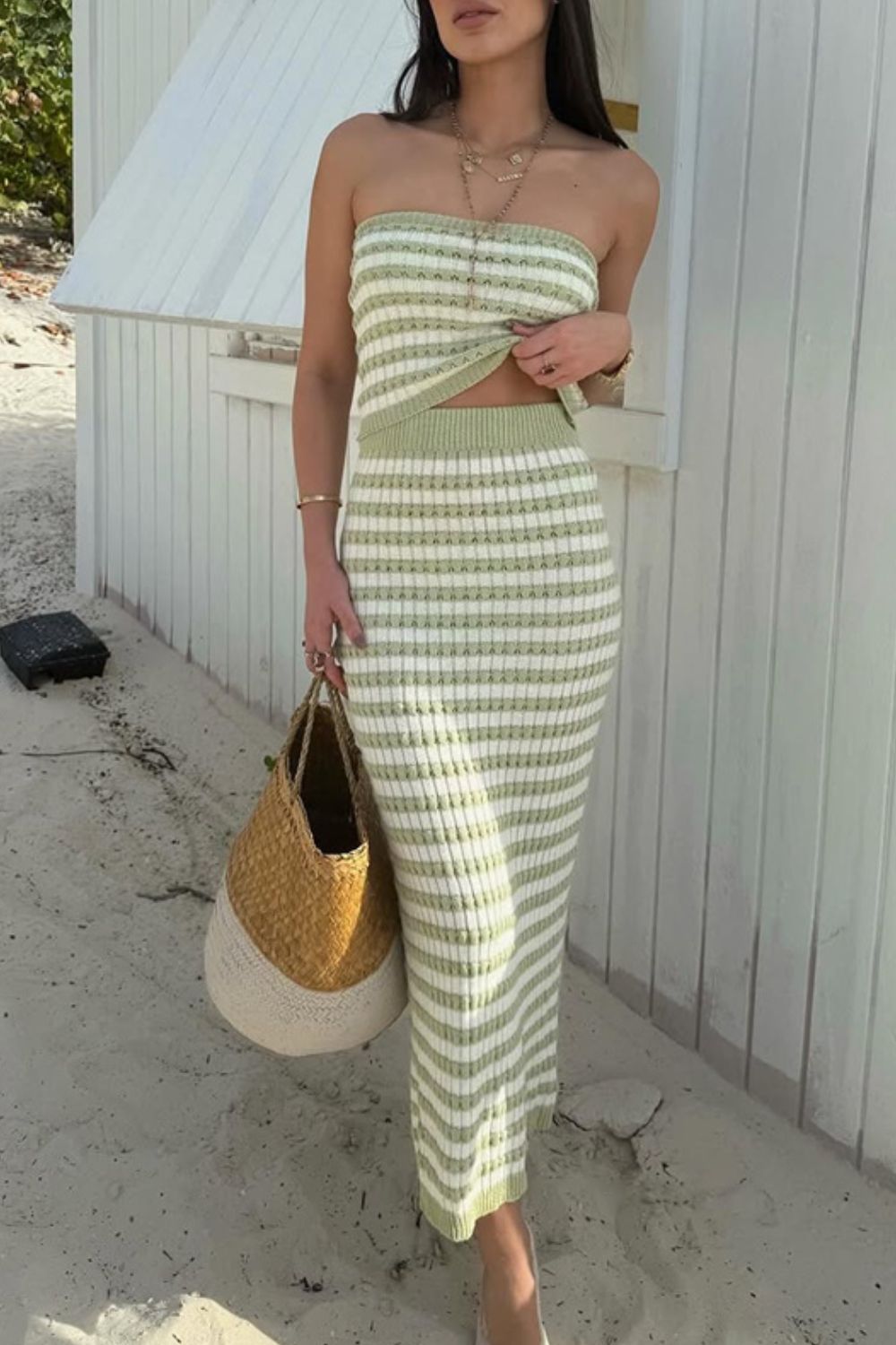 Contrast Striped Tube Top and Skirt Sweater Set.